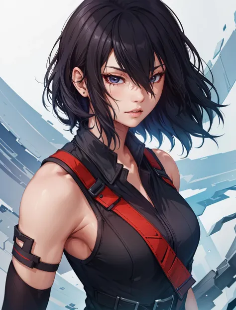 (masterpiece, best quality, chromatic lighting, professional quality) FaithMirror, 1girl, solo, black hair, short hair, realistic, gloves, parted lips, sleeveless, upper body, looking at viewer, bare shoulders, hair over one eye, lips, vest  <lora:FaithMirror:0.7>