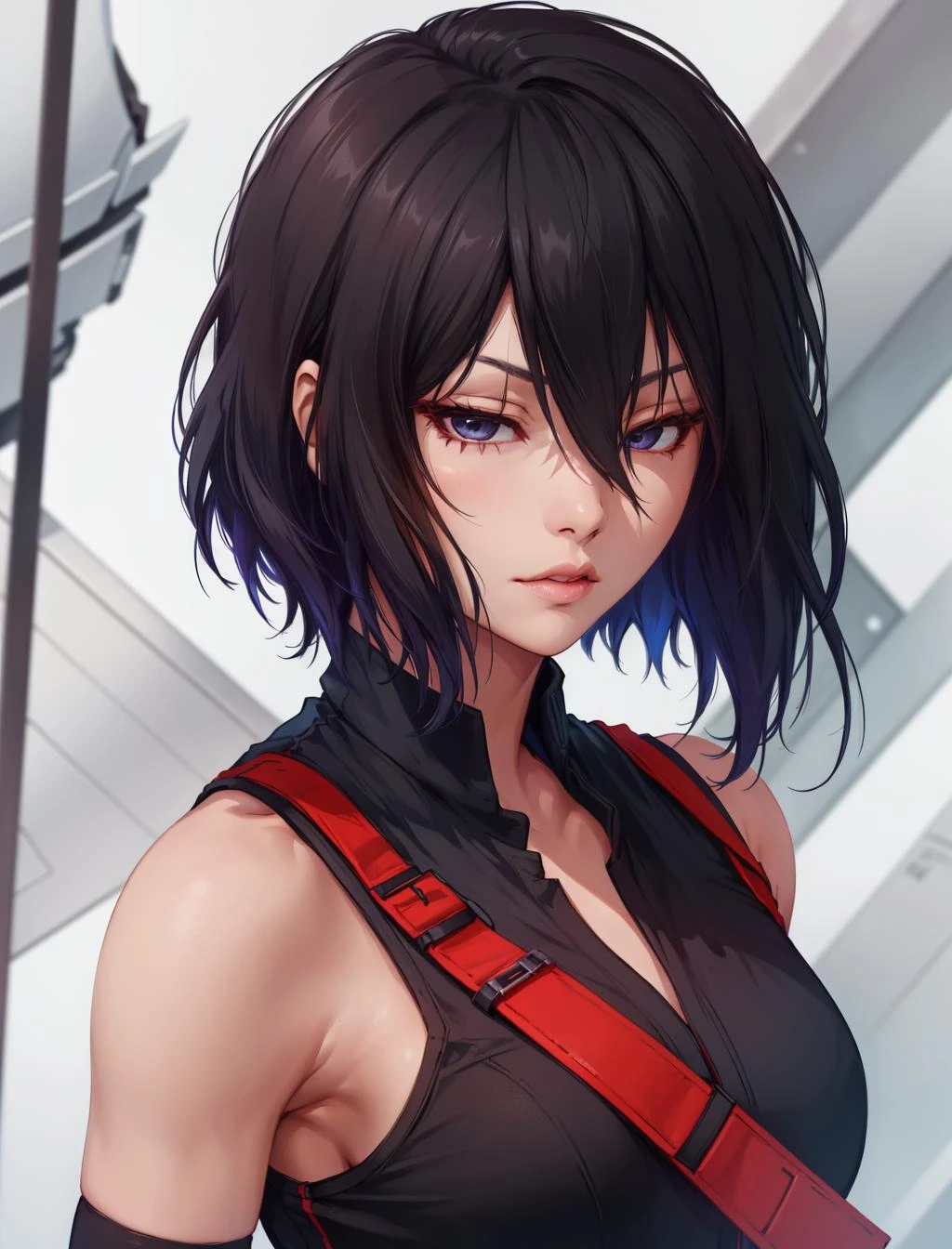 (masterpiece, best quality, chromatic lighting, professional quality) FaithMirror, 1girl, solo, black hair, short hair, realistic, gloves, parted lips, sleeveless, upper body, looking at viewer, bare shoulders, hair over one eye, lips, vest <lora:FaithMirror:0.7>