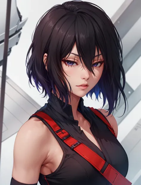 (masterpiece, best quality, chromatic lighting, professional quality) FaithMirror, 1girl, solo, black hair, short hair, realistic, gloves, parted lips, sleeveless, upper body, looking at viewer, bare shoulders, hair over one eye, lips, vest  <lora:FaithMirror:0.7>