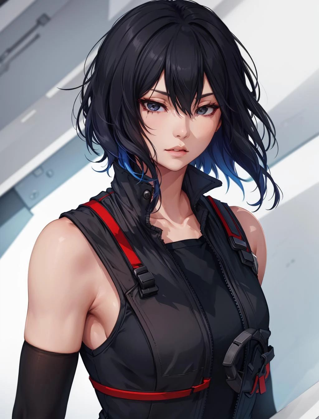 (masterpiece, best quality, chromatic lighting, professional quality) FaithMirror, 1girl, solo, black hair, short hair, realistic, gloves, parted lips, sleeveless, upper body, looking at viewer, bare shoulders, hair over one eye, lips, vest <lora:FaithMirror:0.7>