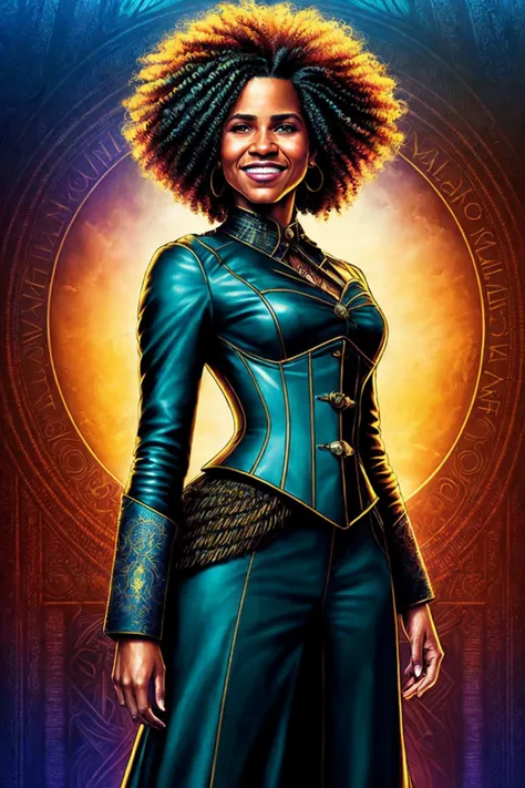 Award-winning digital painting of z4zieb, detailed face, afro hair, smiling, leather corset, cinematic art, hdr, gloomy atmosphere, by dan mumford style, by dmmid, by giger, by lovecraft