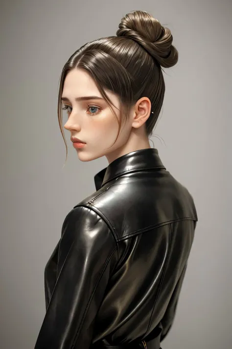 (trompe-l'oeil style, illusion, realistic, highly detailed:1.3) headshot <lora:MaryAmber_v1:.9> MaryAmber, focus on face, from behind wearing leather armor , her hair is styled as messy top knot,