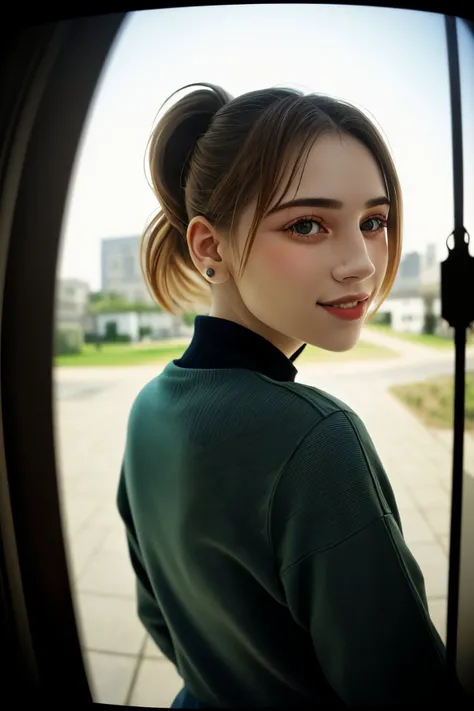 (pop surrealistic, dreamlike, pop culture elements, vibrant, detailed:1.2) (high angle, closeup on face:1.2) <lora:MaryAmber_v1-000020:.9> MaryAmber, smiling, from behind,4:: she is wearing paw print pullover , her hair is styled as messy ponytail, BREAK she is (in the courtyard:1.1), overcast flat lighting, 8mm fisheye lens ,Ektar 100 ,(shot on Diana F+:1.6), film grain,light leak,Lomachrome,blur,dreamy haze ,