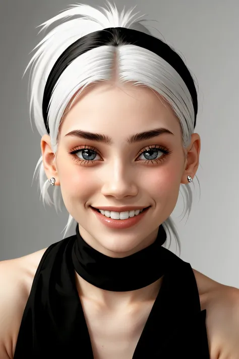 (silhouette style, black and white, contrast, simple:1.2) <lora:MaryAmber_v1-000020:.9> MaryAmber, focus on eyes, close up on face, huge smile, wearing jewelry, color vanilla hair styled crimped ponytail
