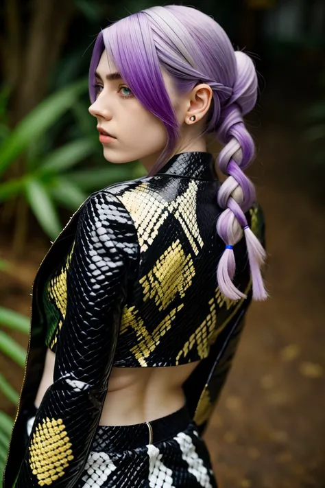 portrait <lora:MaryAmber_v1-000020:.9> MaryAmber, focus on face, from behind wearing cosplay clothing , her light orchid color hair is styled as snake braid,