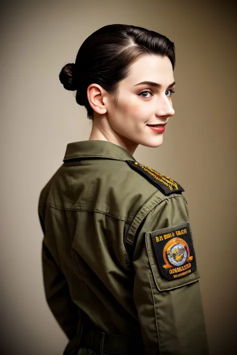 (junk art style, recycled, textured, detailed, assemblage:1.2) upper body <lora:MaryAmber_v1-000020:.9> MaryAmber, focus on smiling face, from behind wearing a military uniform , her hair is styled as knotted chignon,