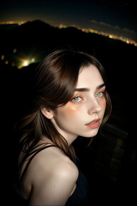 (from below, closeup on face:1.2) <lora:MaryAmber_v1-000020:.9> MaryAmber, from behind,4:: she is wearing dress shirt , her hair is styled as Waterfall Curls, BREAK she is (stargazing on a mountaintop at night:1.1), bright neon lighting, shot on Kodak Brownie ,Velvia 100 ,vignette,8mm fisheye lens , in the style of Garry Winograd