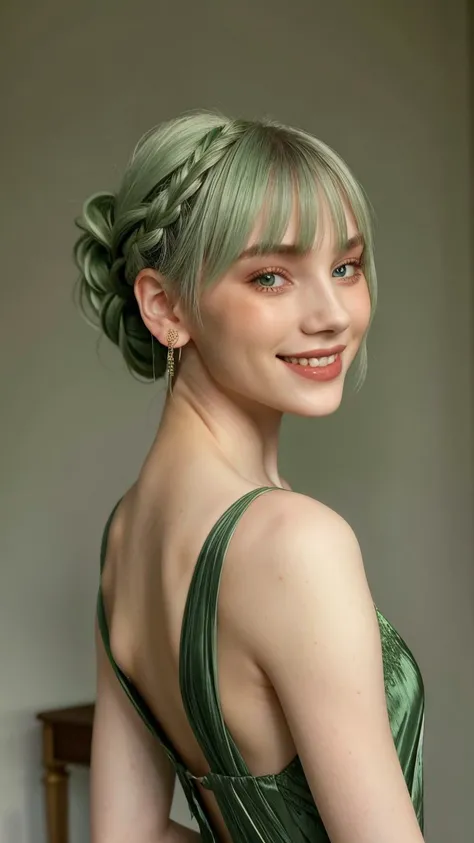 portrait <lora:MaryAmber_v1:.9> MaryAmber, focus on smiling face, from behind wearing an elegant evening gown , her pale moss green color hair is styled as dutch braided bangs,
