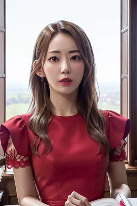 a sserafimsakura, perfect eyes, red dress, window, book, table, (ultra realistic:1.2), (standing in castle room:1.1), (close-up photo:1.3), (masterpiece:1.1), (intricate:1.2), (looking at camera:1.2), (dramatic:1.1), (best quality:1.2), <lora:sserafimsakura-v1a:1>