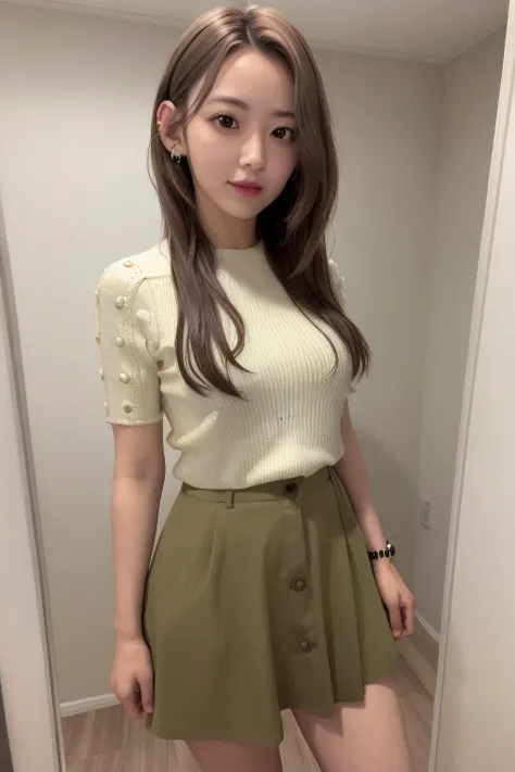 a sserafimsakura, hyper realistic, lifelike texture, dramatic lighting, Nikon RAW photo, 8k, Fujifilm XT3,masterpiece, best quality, realistic, photorealistic, ultra detailed, extremely detailed face, solo,1girl, standing, blouse, skirt, fashionable and trendy atmosphere, walk-in closet, designer clothing and accessories, high-end makeup products, and a stylish expression on her face, <lora:leSSERAFIMSAKURA_leSSERAFIMSakuraV1a:1>, (smile:1)