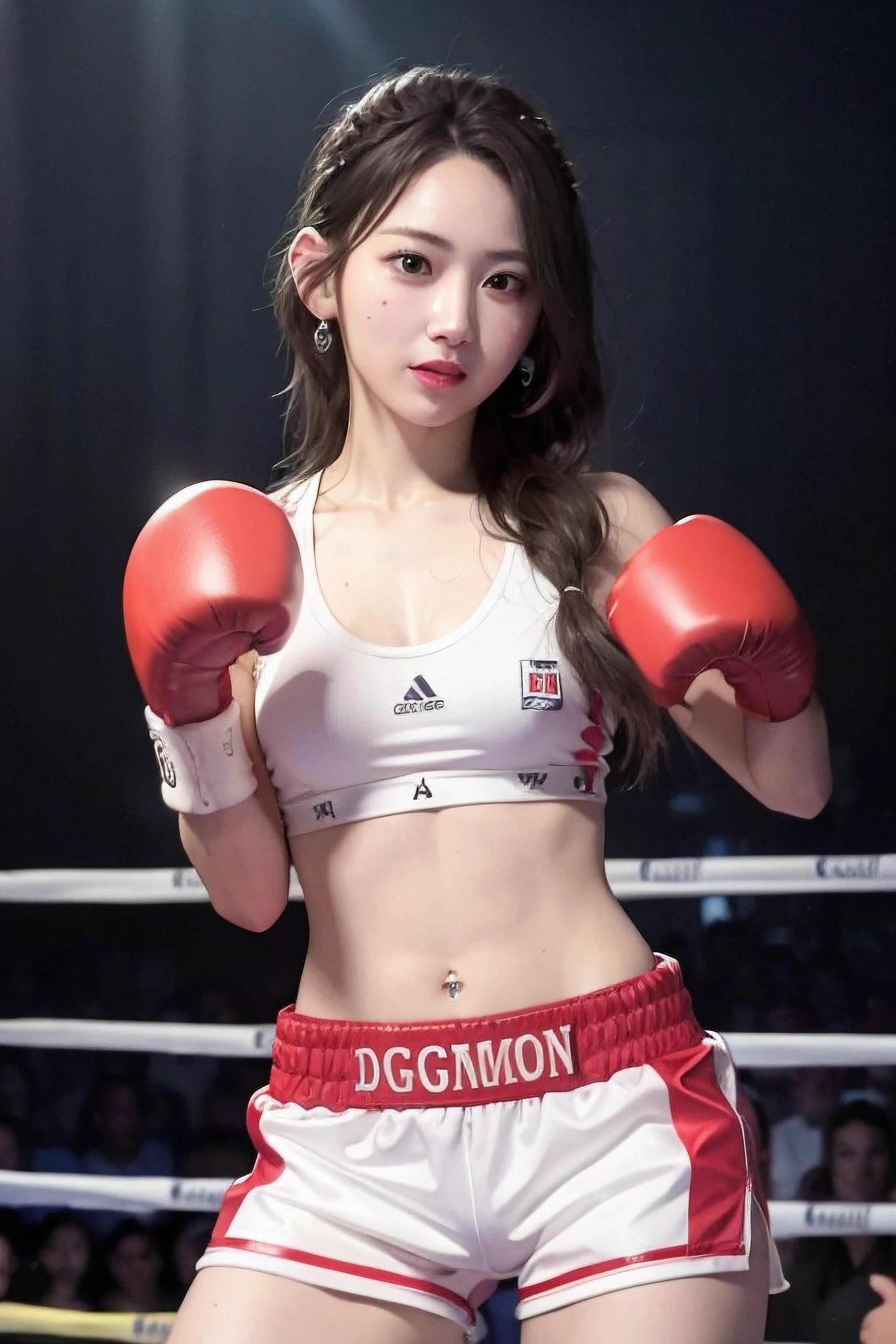 a sserafimsakura, hyper realistic, lifelike texture, dramatic lighting, Nikon RAW photo, 8k, Fujifilm XT3,masterpiece, best quality, realistic, (photorealistic:1.4), ultra detailed, extremely detailed face, solo,1girl, standing, (boxing gloves:1), (boxing ring), <lora:leSSERAFIMSAKURA_leSSERAFIMSakuraV1a:1>, (smile:1), <lora:lightAndShadow_v10:0.4>