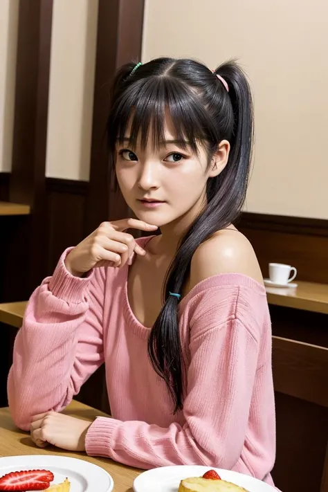 <tsugunagamomoko> detailed instagram portrait photo of a girl sitting across the table wearing an oversized sweater with long sleeves, tilted head, [slight smile], (pink outfit:1.3) (pinky finger raised), dining at cafe, date photo, shoulder-length hair in twintails, realistic skin texture, detailed face and eyes, slice of strawberry shortcake on plate