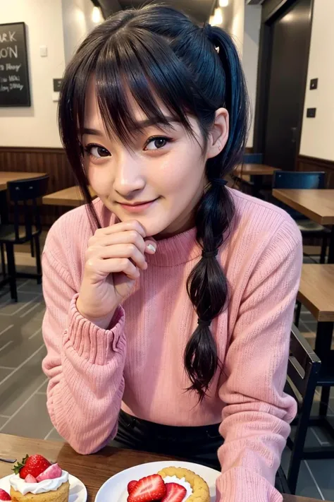 <tsugunagamomoko> detailed instagram portrait photo of a girl sitting across the table wearing an oversized sweater with long sleeves, tilted head, [sleight smile], (pink outfit:1.3) (pinkie finger raised), dining at cafe, date photo, shoulder-length hair in pigtails, realistic skin texture, detailed face and eyes, slice of strawberry shortcake on plate