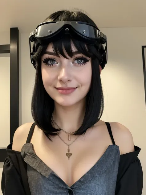 (masterpiece:1.2, best quality), MilkGore, (Modest Shirt:1.33), looking at viewer, smile, bangs, black hair, bare shoulders, jewelry, closed mouth, necklace, black eyes, eyelashes, piercing, goggles, portrait, goggles on head, nose piercing (freckles:0.9), <lora:MilkGore:0.6>