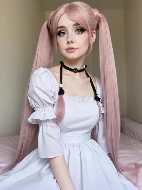 MilkGore, Modest Dress, long hair, twintails, closed mouth, upper body, choker, sleeves past wrists, looking to the side, makeup, (freckles:0.9), <lora:MilkGore:0.6>