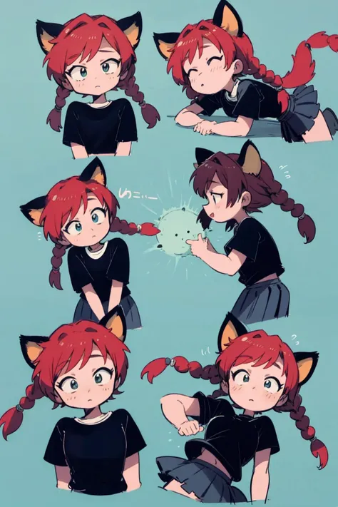 multiple expressions, multiple avatars, chibi, catgirl, red hair, braids, black t-shirt, red pleated skirt, simple background, fill lighting, high quality, masterpiece