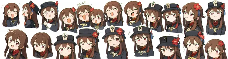 masterpiece, best quality, <lora:style05:1>,multiple girls, comic,board,white background,chibi,chibi,chibi,multiple view,face,smile,sad, open eyes,closed eyes, half-closed eyes, angry,
<lora:è¡æ¡01:1>,hu tao \(genshin impact\), hat,hat flower, brown hair,chinese clothes, brown clothes,red background, red eyes,