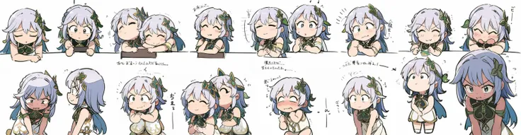 masterpiece, best quality, <lora:style05:1>,multiple girls, comic,board,white background,chibi,chibi,multiple view,face,smile,sad, open eyes,closed eyes, half-closed eyes, angry,
<lora:nahida:1>,white hair,hair ornament, nahida \(genshin impact\), white dress