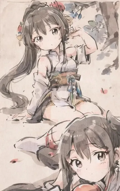 masterpiece,best quality,
<lora:style05:1>,
(multiple girls, multiple views,comic,koma,border,chibi,simple background),
<lora:MoXinV1:0.8>,
<lora:shukezouma_v1_1:0.6>,
(shuimobysim,wuchangshuo,bonian,zhenbanqiao,badashanren:1.1),
black hair, long hair, brown eyes, ponytail, simple clothes, hanfu, smooth skin, bare legs, one arm up, socks, grabbing, looking afar plant, peach blossom, petals, flowers,