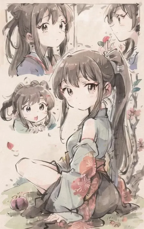 masterpiece,best quality,
<lora:style05:1>,
(multiple girls, multiple views,comic,koma,border,chibi,simple background),
<lora:MoXinV1:0.8>,
<lora:shukezouma_v1_1:0.6>,
(shuimobysim,wuchangshuo,bonian,zhenbanqiao,badashanren:1.1),
black hair, long hair, brown eyes, ponytail, simple clothes, hanfu, smooth skin, bare legs, one arm up, socks, grabbing, looking afar plant, peach blossom, petals, flowers,