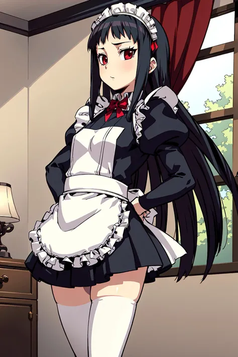 masterpiece, highlydetailed, ,{black hair} (long whitr hair)(Lateral hair)(Shawl hair)(hair straight),(glasses),(Yellow eyes),expressiveless,serious,looking at you,the maid outfit