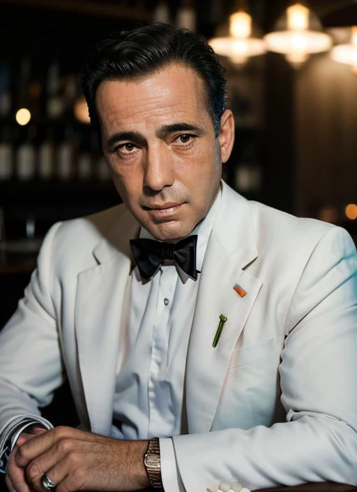 hb1, man in white tuxedo, sitting at bar, nursing a drink, real, photoshoot, realistic, luminescent, atmospheric scene, masterpiece, best quality, (detail skin texture, ultra-detailed body:1.1), RAW photo, (high detailed skin:1.2), 8k uhd, dslr, film grain, Fujifilm XT3,
<lora:HumphreyBogart:1>