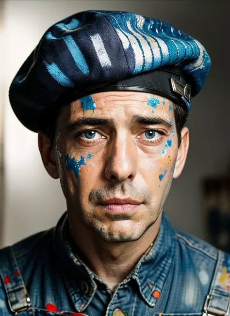 (<lora:HumphreyBogart:.95>) ,a photo of (hb1) man with short hair, Detailed face, (perfect blue eyes), (highly detailed skin:1.1), perfect body, ((Eccentric Artist: Paint-Splattered Overalls, Beret, Paintbrushes, Intense Expression)), Modelshoot style, Professional Photography, soft lighting, PHOTOREALISTIC, Realistic, standing in a dark studio background, blurred background, volumetric fog,. RAW, analog style, sharp focus, 8k, HD, DSLR, high quality, Fujifilm XT3, film grain, award winning, masterpiece,