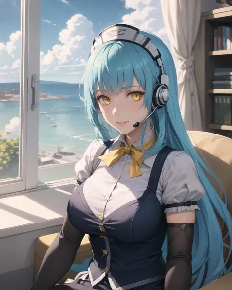 best quality, (masterpiece:1.2), illustration, absurdres,
(1girl, solo), (beautiful detailed girl), (upper body, portrait),,
<lora:Risette:0.8> Risette Twinings, yellow_eyes, blue_hair, long_hair, medium breasts,
(metal_headpiece), (headset)
maid, concierge, thighhighs, garter_straps, gloves, yellow neckwear,
gentle smile, motherly, looking at viewer,
(inside office), furniture, day, intricate detailed interior, window, sky, clouds,