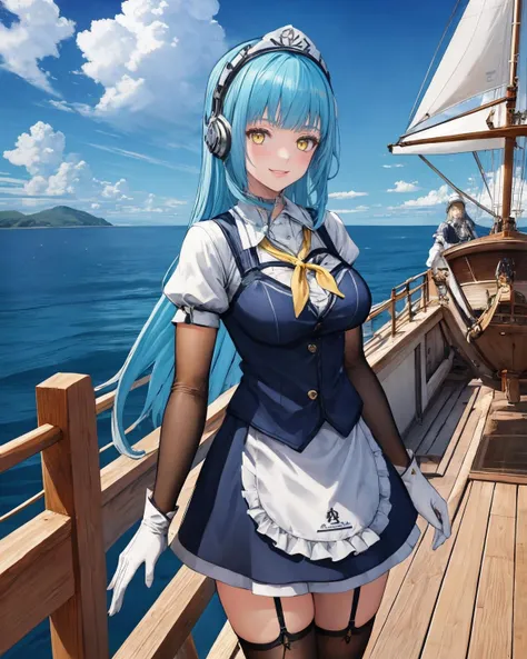 best quality, (masterpiece:1.2), illustration, absurdres,
(1girl), (solo), (beautiful detailed girl), cowboy shot,
<lora:RisetteV2:0.9> Risette Twinings, yellow eyes, blue hair, long hair, blunt bangs, large breasts,maid, concierge, metal headpiece, headset, yellow neckerchief, elbow gloves, white gloves, waist apron, garter straps, thighhighs, white boots,
smile, looking at viewer,
on a sailing ship, wooden ship, sea, sky, clouds,