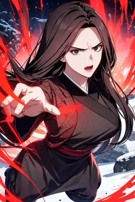 masterpiece, (best quality), 1woman,1girl , heavenly demon, long hair, black hair, very long hair, black eyes, japanese clothes, long sleeves, kimono, sexy woman, Ki Charge, (dark red aura:1.2) adult, serious, action pose , vibrant colors ,,natural lighting ,RTX, , beautiful, (detailed face:1.2), showcase, (perfect eyes:1.1) ,(photorealistic:1.1), 8k uhd, looking at viewer, mountain, snow outdoors, simple backround , full body