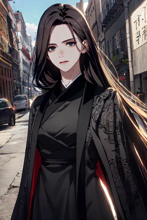 masterpiece, (best quality), 1woman,1girl ,beautiful woman, beautiful face, cowboy shot, vibrant colors ,natural lighting ,RTX, perfect proportions, beautiful, detailed face, showcase, (perfect eyes:1.1) ,(photorealistic:1.1), 8k uhd, looking a viewer, outdoors, simple backround, heavenly demon, 1girl, solo, long hair, expressionless, black chinese clothes, long sleeves, black eyes, cowboy shot, <lora:Heavenly_Demon:0.9>