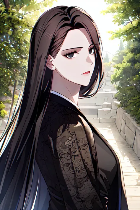 masterpiece, (best quality), 1woman,1girl ,beautiful woman, beautiful face, cowboy shot, vibrant colors ,natural lighting ,RTX, perfect proportions, beautiful, detailed face, showcase, (perfect eyes:1.1) ,(photorealistic:1.1), 8k uhd, looking a viewer, outdoors, simple backround, heavenly demon, 1girl, solo, long hair, expressionless, black chinese clothes, long sleeves, black eyes, cowboy shot, <lora:Heavenly_Demon:0.9>