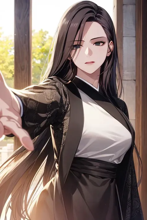 masterpiece, (best quality), 1woman,1girl , heavenly demon, long hair, black hair, very long hair, black eyes, japanese clothes, long sleeves, kimono, sexy woman, adult, serious, action pose , vibrant colors ,,natural lighting ,RTX, , beautiful, (detailed face:1.2), showcase, (perfect eyes:1.1) ,(photorealistic:1.1), 8k uhd, looking at viewer, outdoors, simple backround