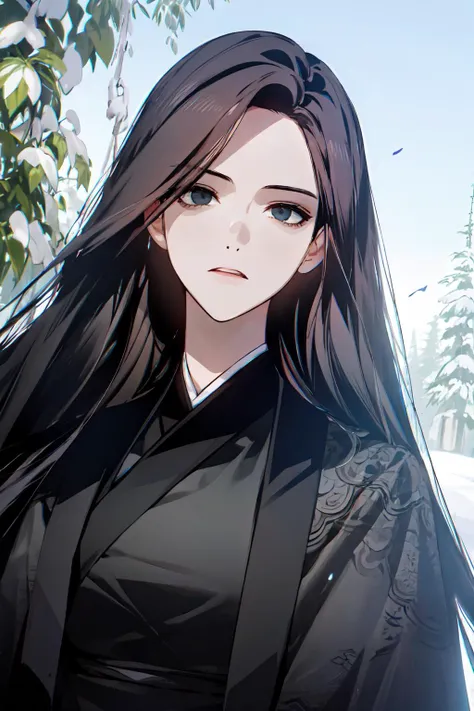 masterpiece, (best quality), 1woman,1girl ,beautiful woman, beautiful face, cowboy shot, vibrant colors ,natural lighting ,RTX, perfect proportions, beautiful, detailed face, showcase, (perfect eyes:1.1) ,(photorealistic:1.1), 8k uhd, looking a viewer, outdoors, simple backround, heavenly demon, 1girl, solo, long hair, expressionless, black chinese clothes, long sleeves, black eyes, cowboy shot, <lora:Heavenly_Demon:0.9>
