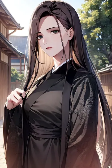 masterpiece, (best quality), 1woman,1girl , heavenly demon, long hair, black hair, very long hair, black eyes, japanese clothes, long sleeves, kimono, sexy woman, adult, serious, action pose , vibrant colors ,,natural lighting ,RTX, , beautiful, (detailed face:1.2), showcase, (perfect eyes:1.1) ,(photorealistic:1.1), 8k uhd, looking at viewer, outdoors, simple backround