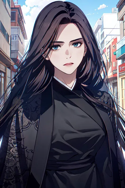 masterpiece, (best quality), 1woman,1girl ,beautiful woman, beautiful face, cowboy shot, vibrant colors ,natural lighting ,RTX, perfect proportions, beautiful, detailed face, showcase, (perfect eyes:1.1) ,(photorealistic:1.1), 8k uhd, looking a viewer, outdoors, simple backround, heavenly demon, 1girl, solo, long hair, expressionless, black chinese clothes, long sleeves, black eyes, cowboy shot, <lora:Heavenly_Demon:0.9>