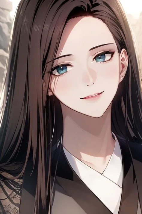 masterpiece, (best quality), 1woman,1girl , heavenly demon,    long hair, black hair,   very long hair, black eyes, japanese clothes, long  sleeves, kimono,   sexy woman,    adult,  smile, vibrant colors ,,natural lighting  ,RTX, , beautiful, (detailed face:1.2), showcase, (perfect eyes:1.1) ,(photorealistic:1.1), 8k uhd,  looking at viewer,  outdoors,  simple backround