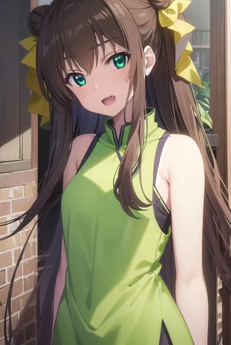 lingyinhuang, <lora:lingyin huang s2-lora-nochekaiser:1>,
lingyin huang, long hair, brown hair, ribbon, twintails, (green eyes:1.3), hair ribbon, fang, smile, open mouth,
BREAK dress, sleeveless, hair bun, double bun, chinese clothes, china dress, side slit,
BREAK indoors,
BREAK looking at viewer, (cowboy shot:1.5),
BREAK <lyco:GoodHands-beta2:1>, (masterpiece:1.2), best quality, high resolution, unity 8k wallpaper, (illustration:0.8), (beautiful detailed eyes:1.6), extremely detailed face, perfect lighting, extremely detailed CG, (perfect hands, perfect anatomy),