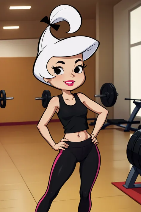 masterpiece, best quality, 1girl, judy, white hair, black eyes, black hair ribbon, makeup, smile, tank top, yoga pants, standing, looking at viewer, hands on hips, indoors, gym background <lora:JudyJetson:1>