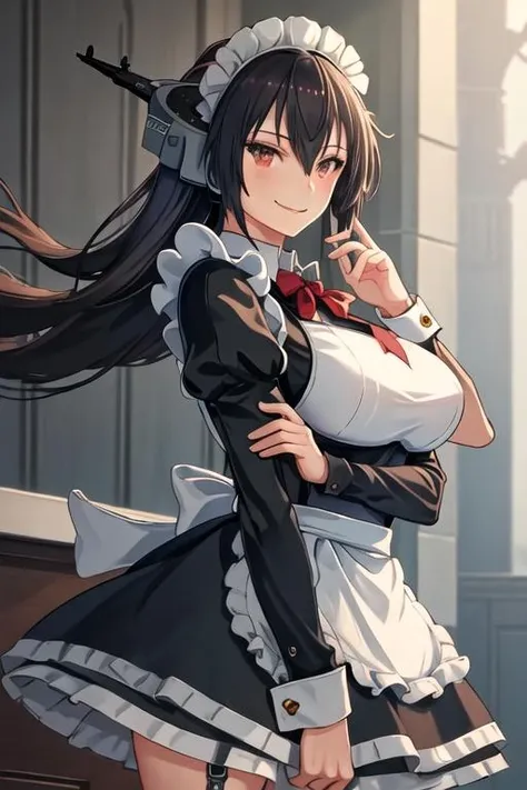 (Highest Resolution, clear_image) highest quality, One woman, alone, masterpiece, Very detailed, Semi-realistic, Black Hairのショートヘア, Black Hair, bangs, 18-year-old, mature, light blue uniform, uniform, Indoor Background, kind, Authoritative, Powerful, exquisite features, exquisite features、Eyelashes become longer、Showing teeth、smile😀、Maid clothes、woman'Fingers in the、Sleeping on the sofa、Long Hair、Fluttering in the wind、Navy blue clothes、Long Hair、Overreaching、Hmm face、