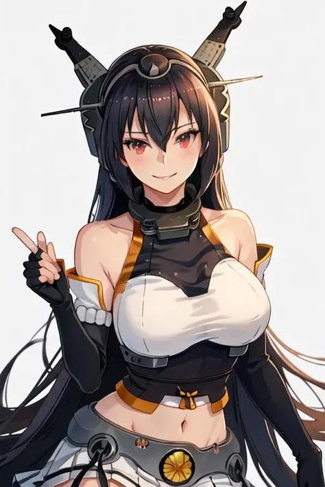 best quality, masterpiece, highres, solo, {nagato_kantaicollection:1.15}, black_hair, long_hair, red_eyes, breasts, hair_between_eyes, headgear, large_breasts, smile, 1girl, bare_shoulders, elbow_gloves, fingerless_gloves, gloves, midriff, navel, white_background, hairband, skirt, looking_at_viewer, simple_background