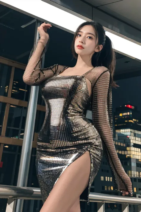 solo,outdoors,cityscape,1Girl,standing,,ruanyi0464,dress,long sleeves,see-through,cowboy shot,(from below:1.3),white hair,high ponytail,<lora:0464 Sequin strappy hip dress_v1:0.9>, (incredibly absurdres, ultra-detailed,CG ,unity ,8k wallpaper),(masterpiece),(realistic),(photorealistic:1.2),(raw photo:1.2), (best quality:1.2), (detailed face :1.4),(beautiful detailed eyes :1.2),(detailed hair),light on face, huge filesize ,cinematic lighting, 1 girl ,sexy,