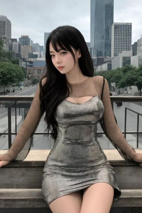 solo, outdoors, cityscape, 1Girl, ruanyi0464, dress, long sleeves, see-through, bottomless,  (dress lift:1.1), best quality, masterpiece, highres, sitting, looking at viewer, 
<lora:0464 Sequin strappy hip dress_v1:0.75>