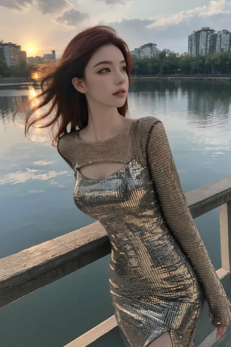 (4k, best quality, highres, masterpiece:1.21), (realistic:1.2), detailed and intricate, 
1girl, crimson hair, 
ruanyi0464, dress, long sleeves, see-through, 
river side, cityscape, wind, blown hair, sharp focus, lens flare, 
<lora:0464 Sequin strappy hip dress_v1:0.8>