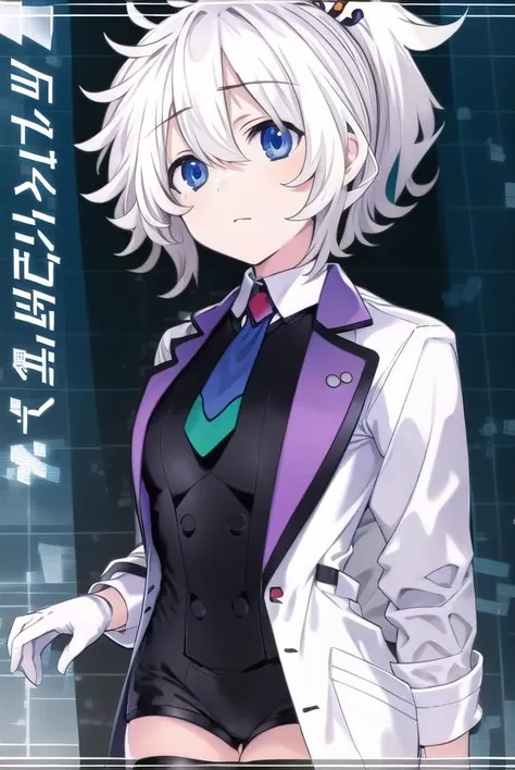 reedio, <lora:reedio-lora-nochekaiser:1>,
reedio, bangs, blue eyes, hair ornament, hair between eyes, ponytail, white hair, short hair,
BREAK shirt, thighhighs, gloves, long sleeves, jacket, open clothes, necktie, shoes, shorts, collared shirt, white gloves, black footwear, vest, white thighhighs, open jacket, black shirt, short shorts, white jacket, white shorts,
BREAK looking at viewer,
BREAK indoors,
BREAK <lyco:GoodHands-beta2:1>, (masterpiece:1.2), best quality, high resolution, unity 8k wallpaper, (illustration:0.8), (beautiful detailed eyes:1.6), extremely detailed face, perfect lighting, extremely detailed CG, (perfect hands, perfect anatomy),