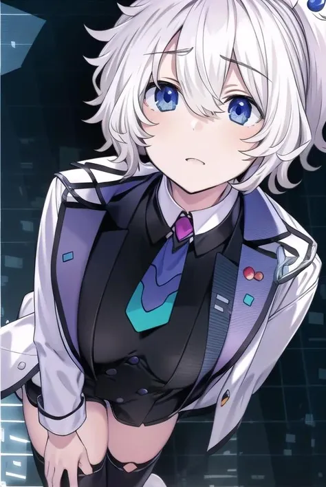 reedio, <lora:reedio-lora-nochekaiser:1>,
reedio, bangs, blue eyes, hair ornament, hair between eyes, ponytail, white hair, short hair,
BREAK shirt, thighhighs, gloves, long sleeves, jacket, open clothes, necktie, shoes, shorts, collared shirt, white gloves, black footwear, vest, white thighhighs, open jacket, black shirt, short shorts, white jacket, white shorts,
BREAK looking at viewer,
BREAK indoors,
BREAK <lyco:GoodHands-beta2:1>, (masterpiece:1.2), best quality, high resolution, unity 8k wallpaper, (illustration:0.8), (beautiful detailed eyes:1.6), extremely detailed face, perfect lighting, extremely detailed CG, (perfect hands, perfect anatomy),