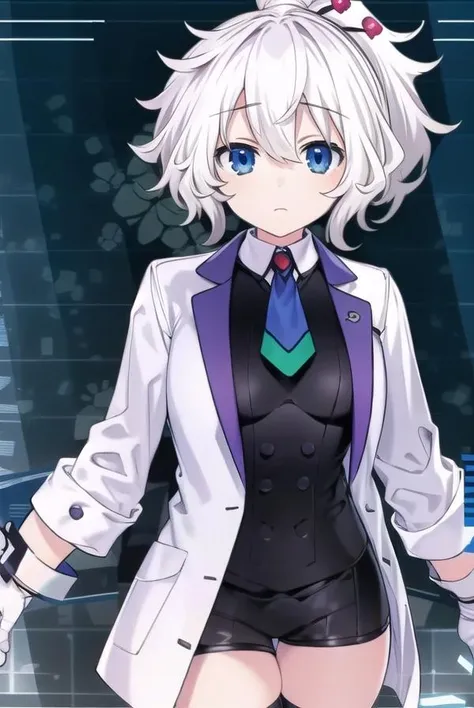 reedio, <lora:reedio-lora-nochekaiser:1>,
reedio, bangs, blue eyes, hair ornament, hair between eyes, ponytail, white hair, short hair,
BREAK shirt, thighhighs, gloves, long sleeves, jacket, open clothes, necktie, shoes, shorts, collared shirt, white gloves, black footwear, vest, white thighhighs, open jacket, black shirt, short shorts, white jacket, white shorts,
BREAK looking at viewer,
BREAK indoors,
BREAK <lyco:GoodHands-beta2:1>, (masterpiece:1.2), best quality, high resolution, unity 8k wallpaper, (illustration:0.8), (beautiful detailed eyes:1.6), extremely detailed face, perfect lighting, extremely detailed CG, (perfect hands, perfect anatomy),