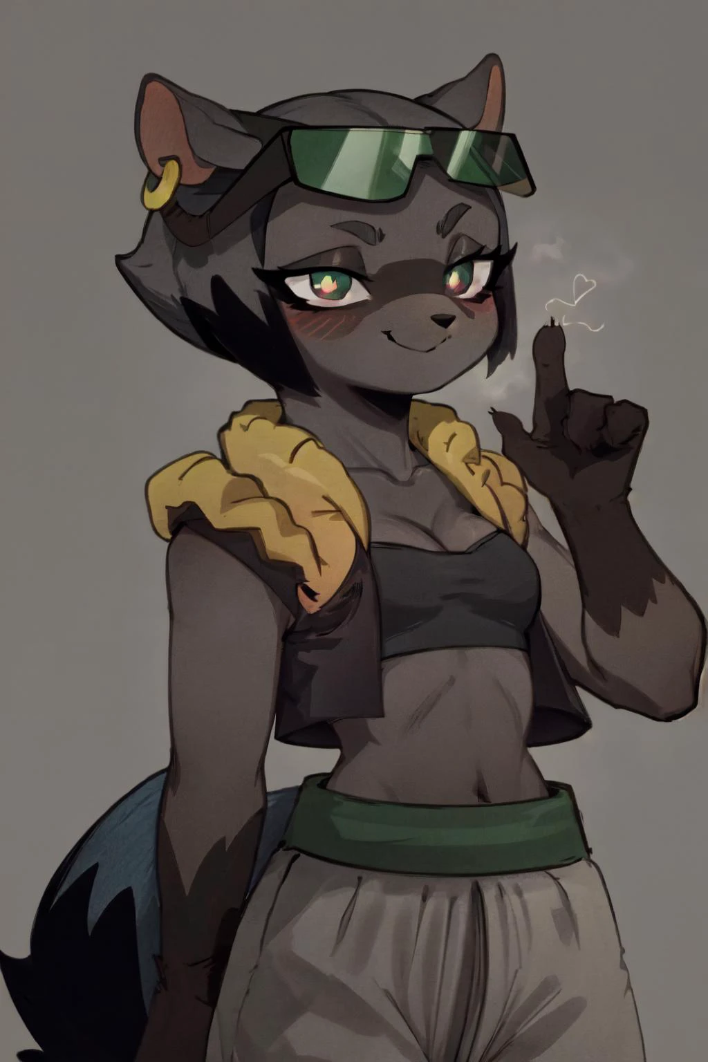 1 girl, solo, marie_itami, mink girl, grey skin, furry, body fur, furry female, animal nose, green eyes, black pupils, animal ears, earrings, eyewear on head, (tail) <lora:marie_itami:1>, best quality, 1girl, raccoon girl, solo, furry, furry female, michiru_kagemori, blue hair, short hair, multicolored eyes, animal nose, triangle shaped nose, animal ears, (tail), bushy tail, two tone skin, brown colored hands <lora:MichiruV2:1>, metamoran vest, white pants, blue belt, black wristbands, Black sports bra, crop top, smirk, simple background <lora:MetamoranVest:1>