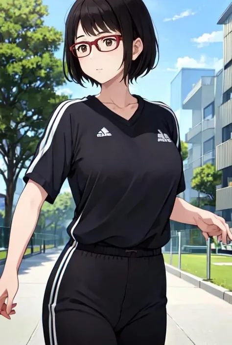 masterpiece, highres, 1girl, black hair, short hair, glasses,,YukoTachikawaR4,
<lora:YukoTachikawaR4:0.7>, sport clothes, park,