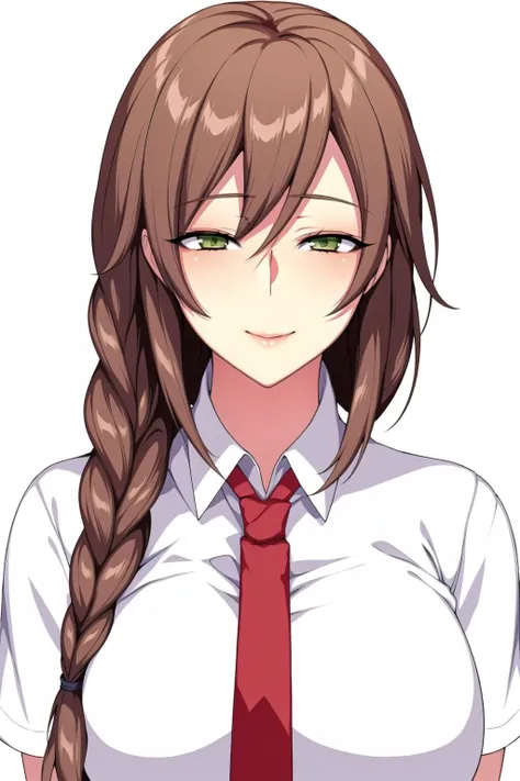 Simple White Background,
pleated_skirt, red_necktie, school_uniform, white shirt, short_sleevescollared shirt,
<lora:Ichijou_Honoka_Hamemakuri-KK77-V2:0.7>,
Brown_hair,single_braid,green_eyes,Bangs,
<lora:Oda_Non_Style-KK77-V2:0.3>,<lora:more_details:0.1>,
1 girl, 20yo,Young female,Beautiful Finger,Beautiful long legs,Beautiful body,
Beautiful Nose,Beautiful character design, perfect eyes, perfect face,expressive eyes,perfect balance,
looking at viewer,(Focus on her face),closed mouth, (innocent_big_eyes:1.0),(Light_Smile:0.3),
official art,extremely detailed CG unity 8k wallpaper, perfect lighting,Colorful, Bright_Front_face_Lighting,White skin,
(masterpiece:1.0),(best_quality:1.0), ultra high res,4K,ultra-detailed,
photography, 8K, HDR, highres, absurdres:1.2, Kodak portra 400, film grain, blurry background, bokeh:1.2, lens flare, (vibrant_color:1.2),professional photograph,
(Beautiful,large_Breasts:1.4), (beautiful_face:1.5),(narrow_waist),